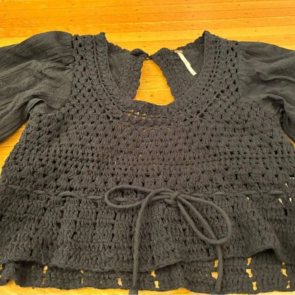Free People Megan Crochet Knit Peplum Puff Sleeve Crop Tassel long sleeve top
